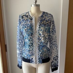 T Tahari Fatima Blue Sheer Floral Lace Full Zip Bomber Jacket-Women's Size Small